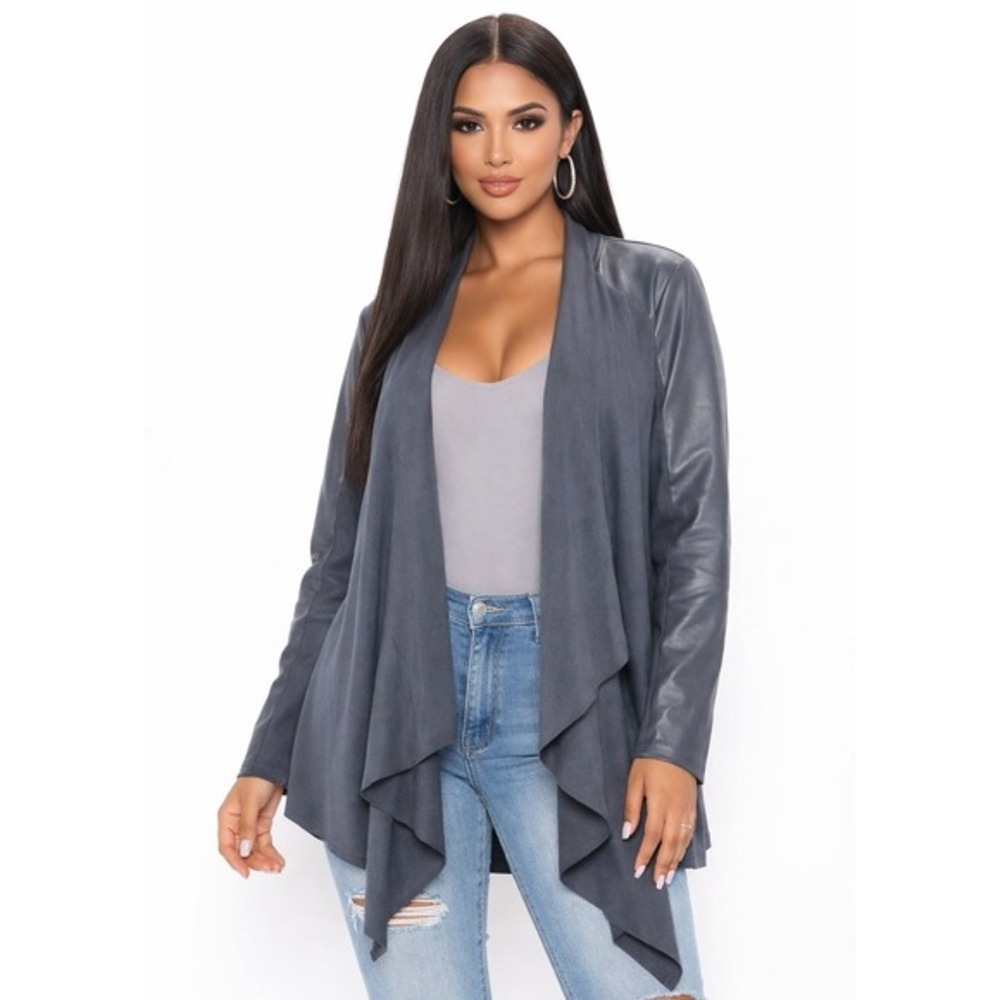 HUE Faux Leather Cardigan‎ Women Large Asphalt Grey NWT